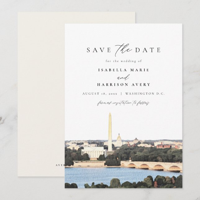 Invitación Acuarela Monumento a Washington DC Guardar la fech (Anverso / Reverso)