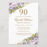 Invitación Acuarela morada color oro 90 cumpleaños<br><div class="desc">Invitaciones florales más elegantes en la Pequeña Tienda Bayleigh!</div>