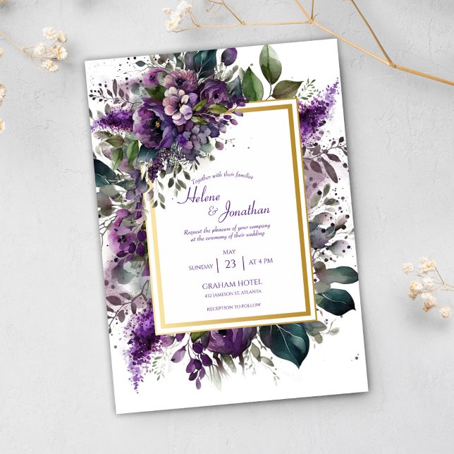 Invitación Acuarela morada floral elegante Boda Boho (Purple Floral Watercolor Elegant Boho Wedding Invitation)
