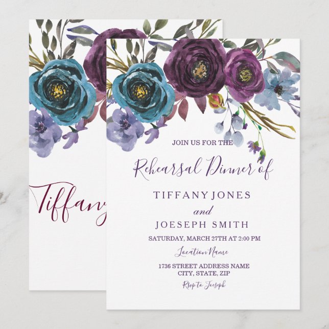 Invitación Acuarela morada floral elegante cena de ensayo (Anverso / Reverso)