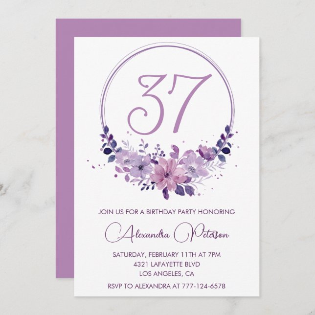 Invitación Acuarela morada floral Elegante cumpleaños 37 (Anverso / Reverso)