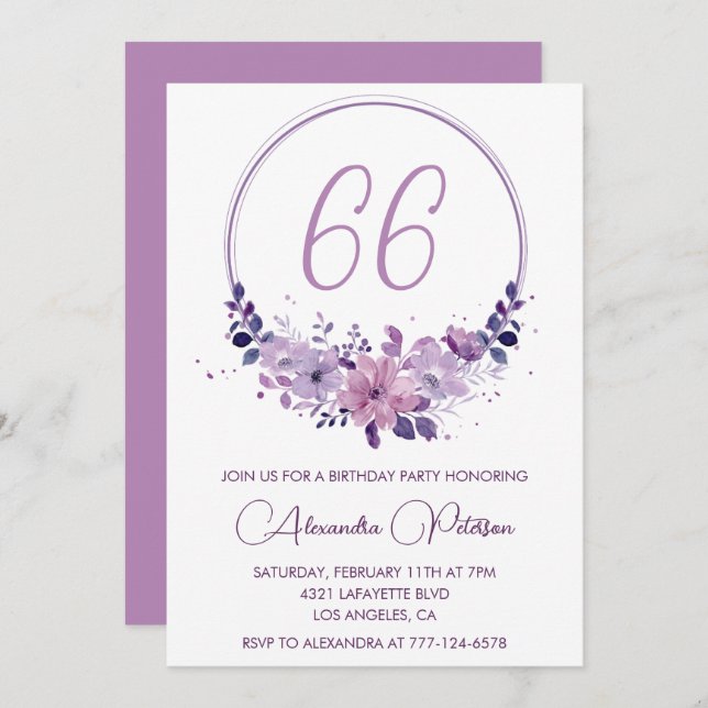 Invitación Acuarela morada floral Elegante cumpleaños 66 (Anverso / Reverso)