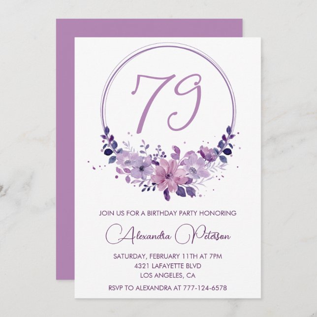 Invitación Acuarela morada floral Elegante cumpleaños 79 (Anverso / Reverso)