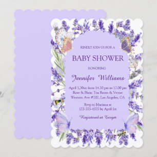 Invitación acuarela morada glicinia floral bebé moda de ducha
