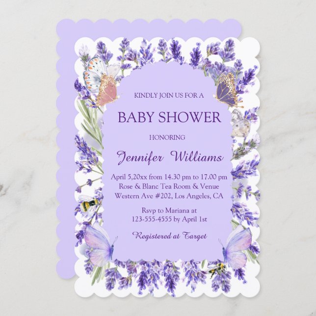 Invitación acuarela morada glicinia floral bebé moda de ducha (Anverso / Reverso)