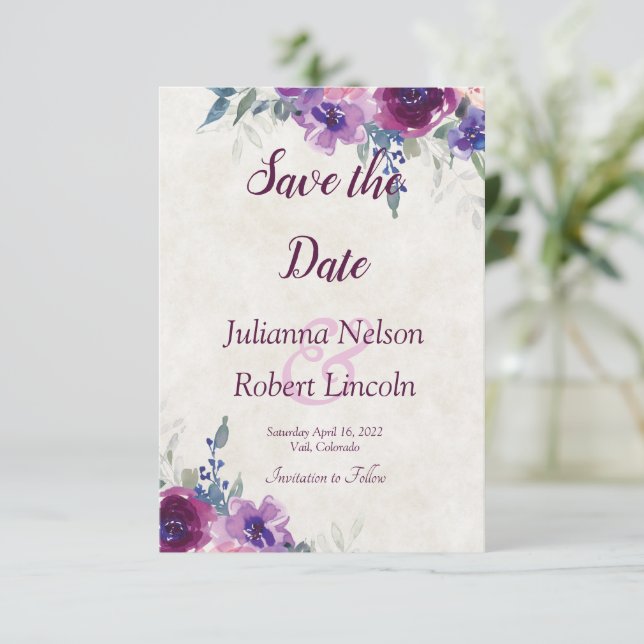 Invitación Acuarela morada y malva floral save the date  (Anverso de pie)