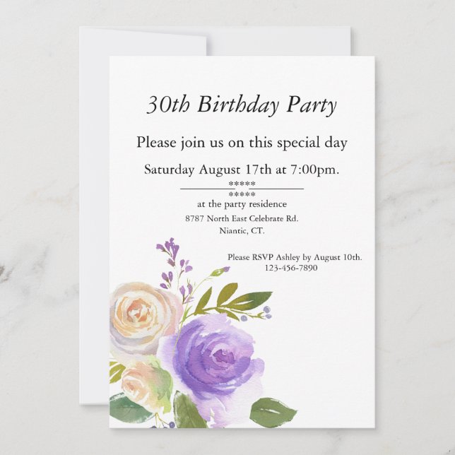 Invitación Acuarela morada y turbia, cumpleaños de Personaliz (Anverso)