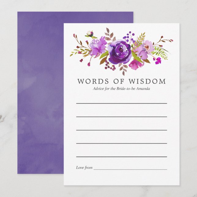Invitación Acuarela morada y violeta Consejo de Ducha Bridal (Anverso / Reverso)