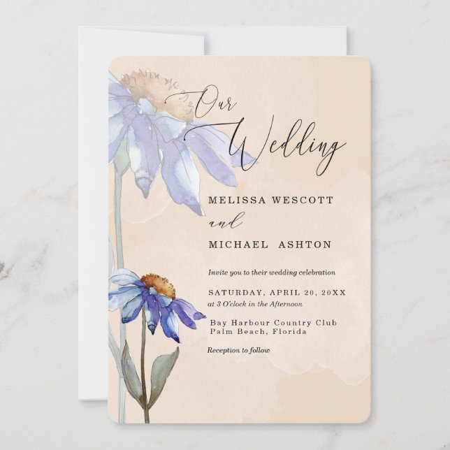 Invitación Acuarela Morado Azul marrón Boda Rústico (Anverso)
