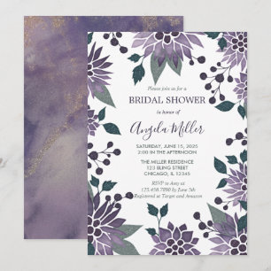 Invitación Acuarela Morado Bling Floral Frame Bridal Shower