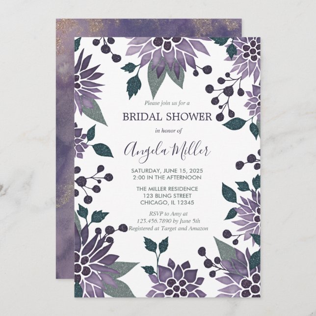 Invitación Acuarela Morado Bling Floral Frame Bridal Shower (Anverso / Reverso)