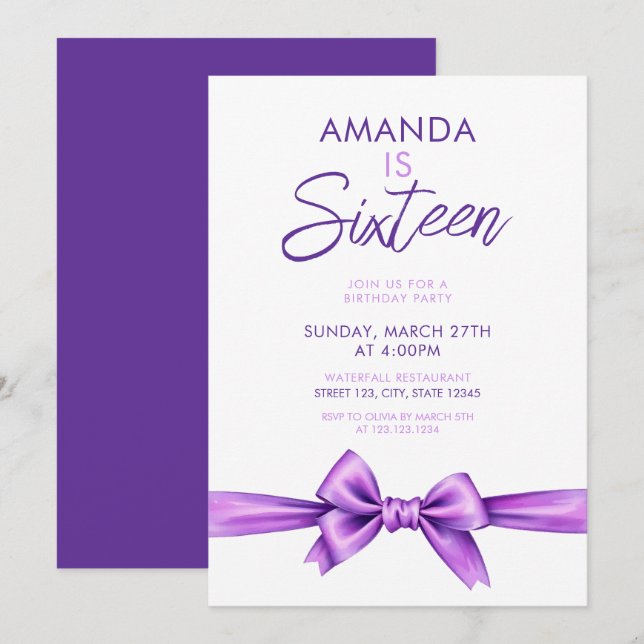 Invitación Acuarela Morado Bow Coquette Sweet 16 Cumpleaños (Anverso / Reverso)