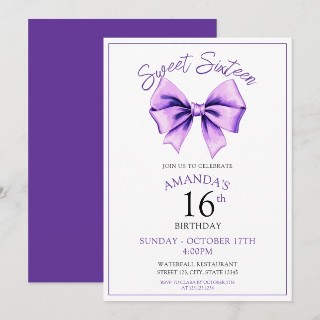 Invitación Acuarela Morado Bow Dulce 16 Cumpleaños (Anverso / Reverso)