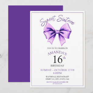 Invitación Acuarela Morado Bow Dulce 16 Cumpleaños