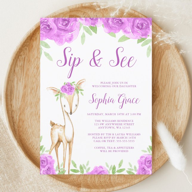 Invitación Acuarela Morado Chica de Cerveza Floral Sip y Ver (Subido por el creador)