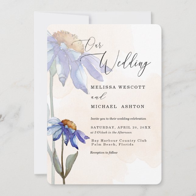 Invitación Acuarela Morado Daisy Peach Rústico Boda (Anverso)