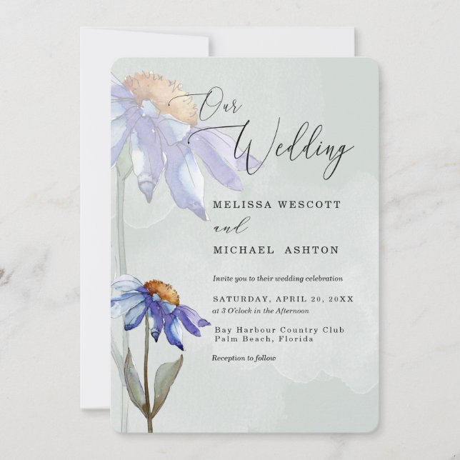 Invitación Acuarela Morado Daisy Sage Boda Rústico Verde (Anverso)
