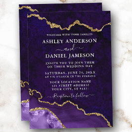 Invitación Acuarela Morado de Marble de oro Agate Geode Boda