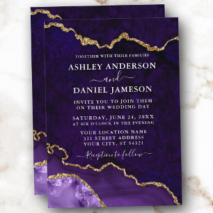 Invitación Acuarela Morado de Marble de oro Agate Geode Boda