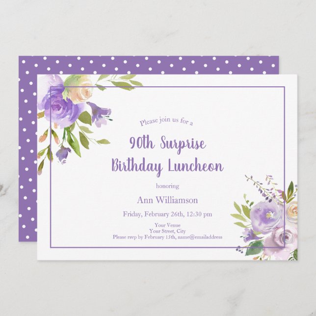 Invitación Acuarela Morado Floral 90 cumpleaños sorpresa (Anverso / Reverso)