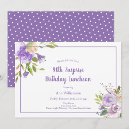 Invitación Acuarela Morado Floral 90 cumpleaños sorpresa