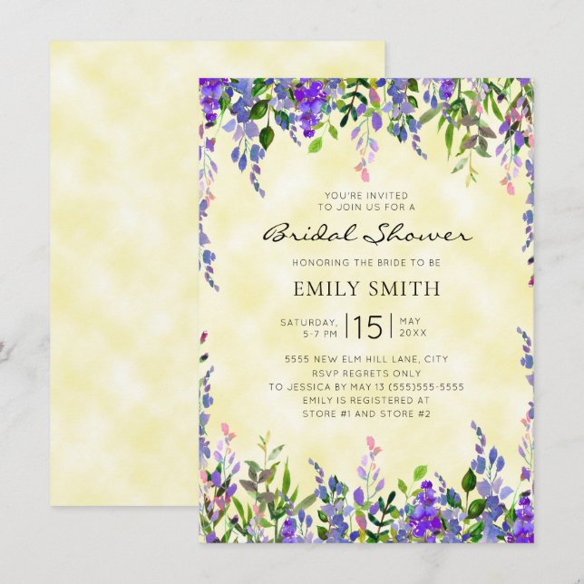 Invitación Acuarela Morado Floral Amarilla Ducha de Novias (Anverso / Reverso)