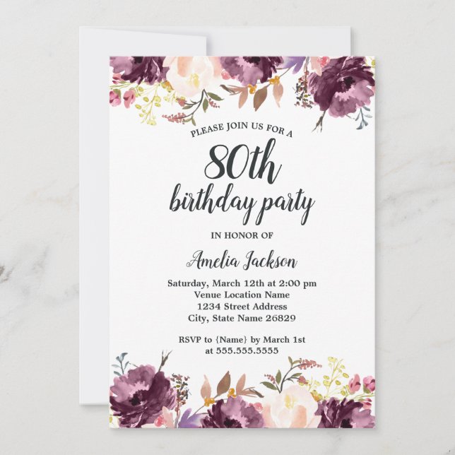 Invitación Acuarela Morado Floral Bloom 80 cumpleaños (Anverso)