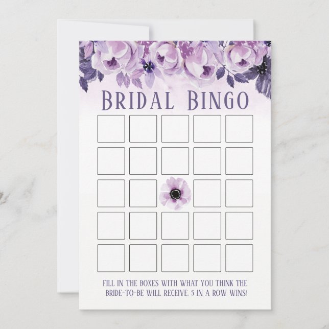 Invitación Acuarela Morado Floral Bridal Shower Bingo (Anverso)