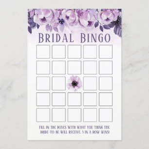 Invitación Acuarela Morado Floral Bridal Shower Bingo