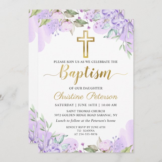 Invitación Acuarela Morado Floral Dorado Script Baptismo (Anverso / Reverso)