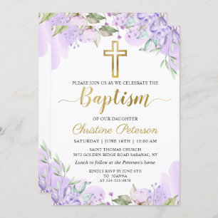 Invitación Acuarela Morado Floral Dorado Script Baptismo