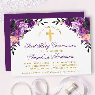Invitación Acuarela Morado Floral Primer Oro de Comunión