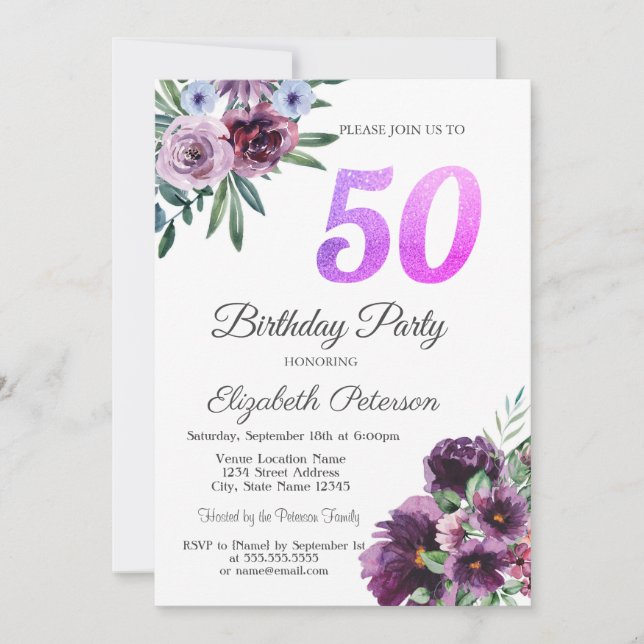 Invitación Acuarela Morado Flores 50 cumpleaños (Anverso)