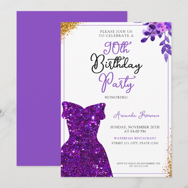 Invitación Acuarela Morado Flores 90 cumpleaños (Anverso / Reverso)
