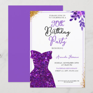 Invitación Acuarela Morado Flores 90 cumpleaños