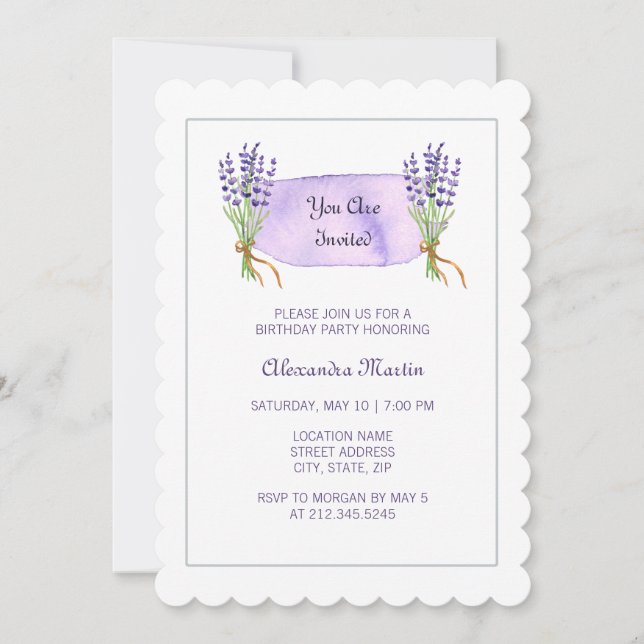 Invitación Acuarela Morado Flores de Lavanda Francesa Anivers (Anverso)