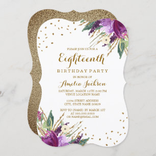 Invitación Acuarela Morado Gold Flor 18 cumpleaños