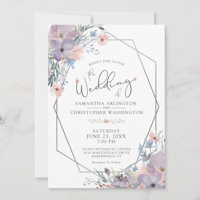 Invitación Acuarela Morado Lilac Floral Geométrica (Anverso)