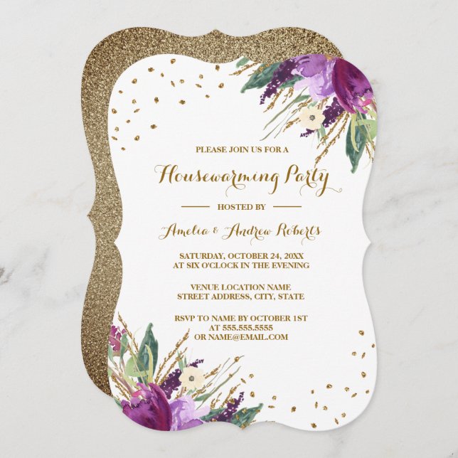 Invitación Acuarela Morado Oro Flor Calentador Fiesta (Anverso / Reverso)