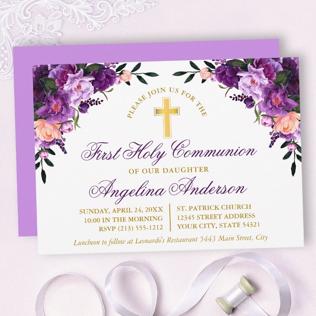Invitación Acuarela Morado Violeta Floral Comunión Oro (Customize to change text color, size, style or to change color of back of card.)