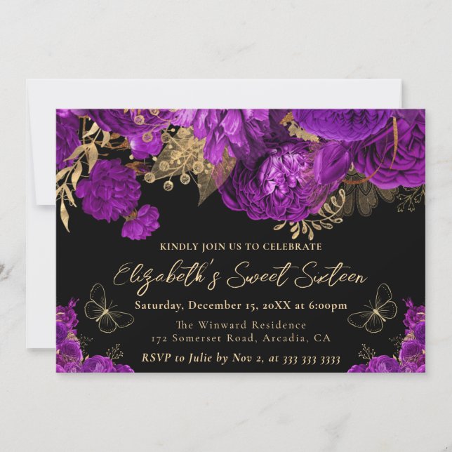 Invitación Acuarela Morado y Flores de Oro Dieciséis (Anverso)