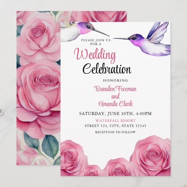 Invitación Acuarela Morado y Rosa Boda Hummingbird (Anverso / Reverso)