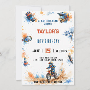 Invitación Acuarela Motocross Tierra Naranja Azul Cumpleaños
