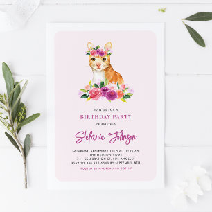 Invitación Acuarela Naranja Cat Flores púrpuras Cumpleaños