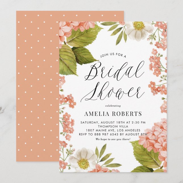 Invitación Acuarela naranja Hydrangea Floral Bridal Shower (Anverso / Reverso)