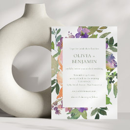 Invitación Acuarela Naranja morado Boda floral todo en uno