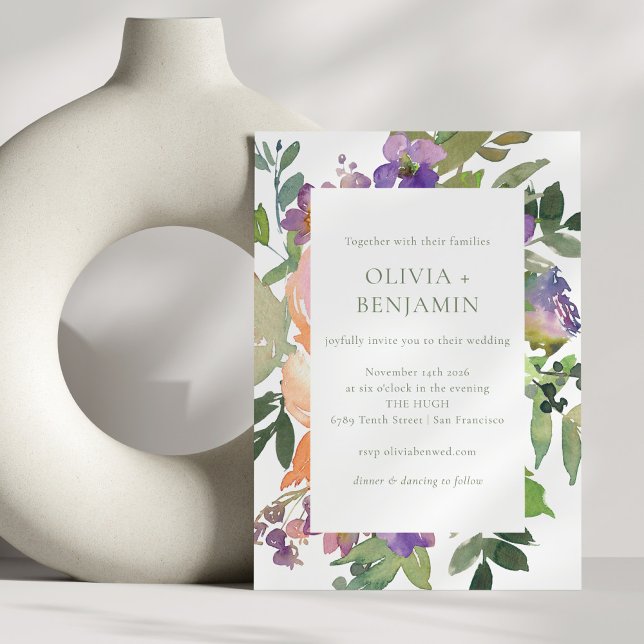 Invitación Acuarela Naranja morado Boda floral todo en uno (Subido por el creador)