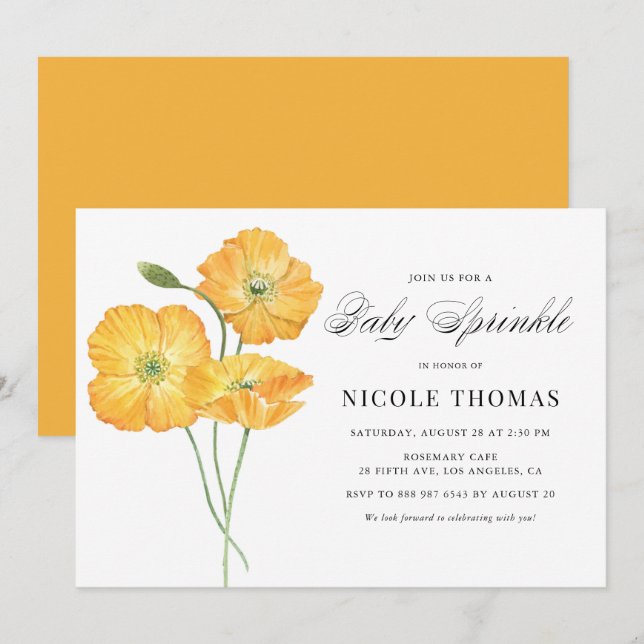 Invitación Acuarela naranja Poppies Floral Bebé Sprinkle (Anverso / Reverso)