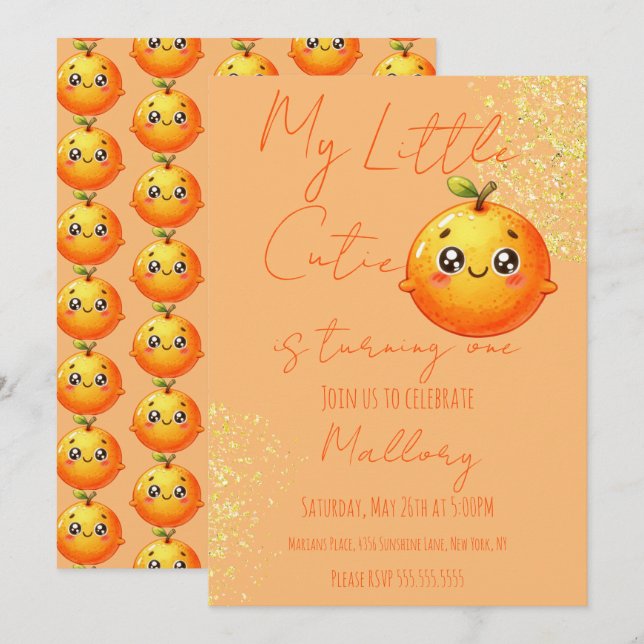 Invitación Acuarela Naranjas Cumpleaños Lindo Primero  (Anverso / Reverso)
