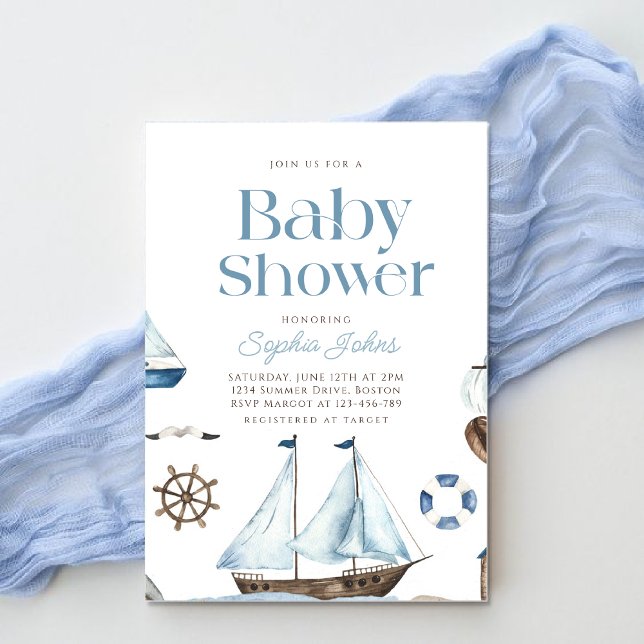 Invitación Acuarela Náutica Azul Bote niño ducha de bebé (Subido por el creador)